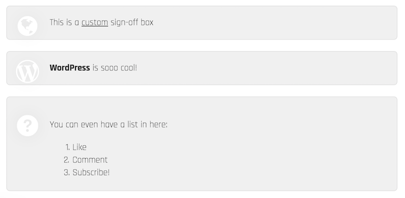 Engine WordPress Theme - Sign-off boxes